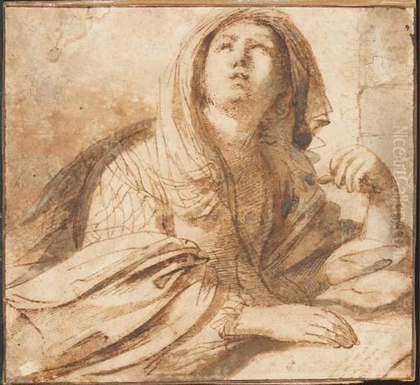 A Seated Sybil Looking Up To The Left, Half-length, Resting Herhand On A Book Oil Painting by Guercino