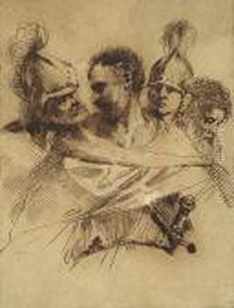 Studies Of Four Men's Heads: Two Soldiers And Two Beardedmen Oil Painting by Guercino