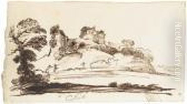 An Extensive Landscape With A Ruined Fort On A Hill (recto) by Guercino