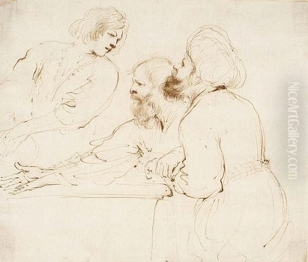 Three Half-length Figures: A Seated Oriental, Another Male Figure And A Youth Oil Painting by Guercino