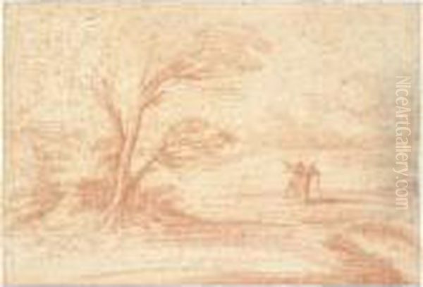 A Landscape With A Tree And Two 
Travellers Near A Pond In The Foreground, And Distant Buildings Behind Oil Painting by Guercino