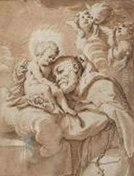 Capucin Monk Adoring The Christ Child, Four Cherubim Above Oil Painting by Guercino