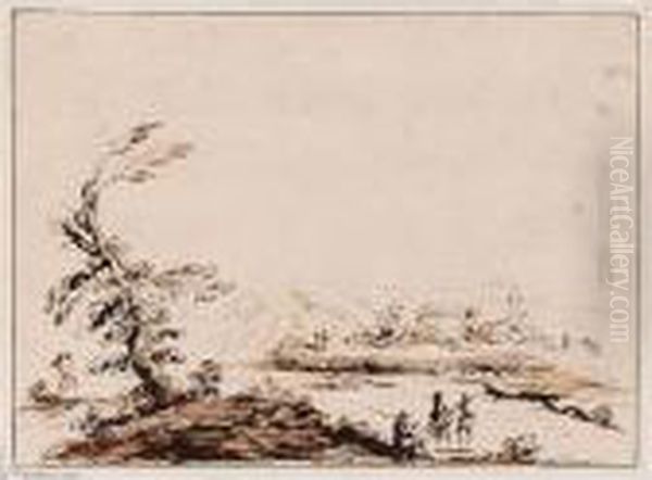 Landscape With Figures By A Tree, And Distant Buildings Oil Painting by Guercino