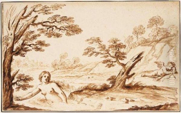 Venus Bathing In A River And Cupid Ashore Resting Oil Painting by Guercino