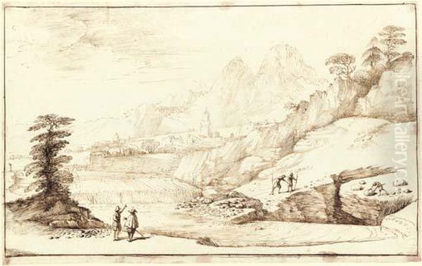 An Extensive Mountainous Landscape With Travellers Oil Painting by Guercino