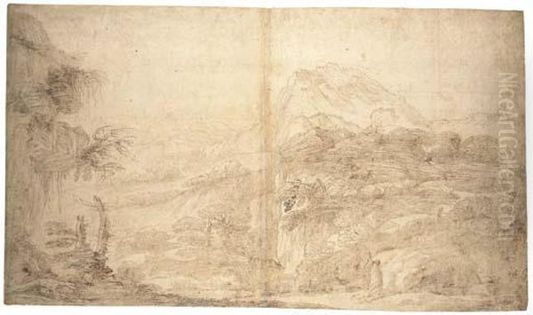 An Extensive Rocky Landscape With A Hermit Oil Painting by Guercino