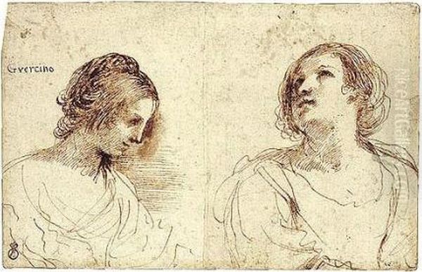 Two Female Head Studies Oil Painting by Guercino