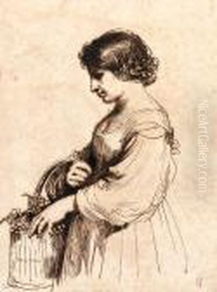 A Young Girl Holding A Basket Of Grapes Oil Painting by Guercino