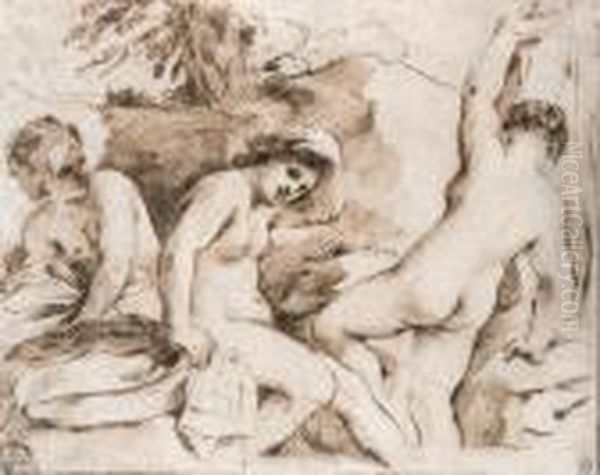 Three Nymphs Bathing In A Mountain Pool Oil Painting by Guercino