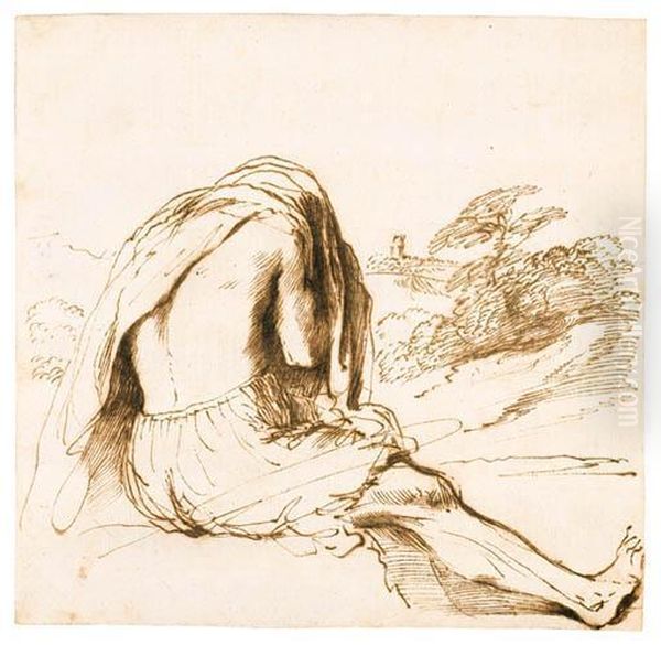 Barbieri, G.f.
A Bather Seated On A River Bank, Pulling Off His Shirt
Pen And Brown Ink, Minor Ink Gall Damages Repaired, Watermarkencircled Calvary Under P Oil Painting by Guercino