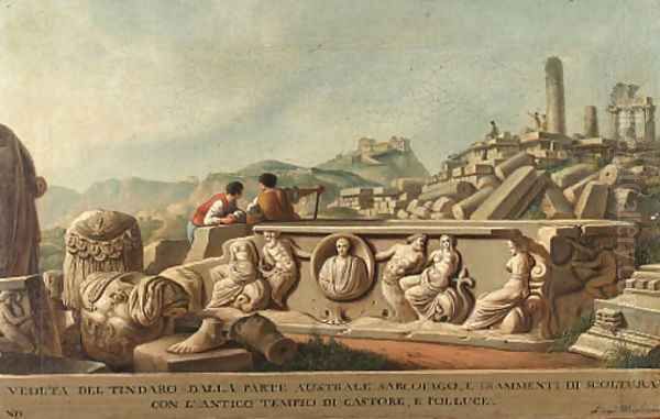 A view of Tyndareus from the South, with figures by a sarcophagus and fragments of scuplture, the ruins of a temple Oil Painting by Luigi Mayer