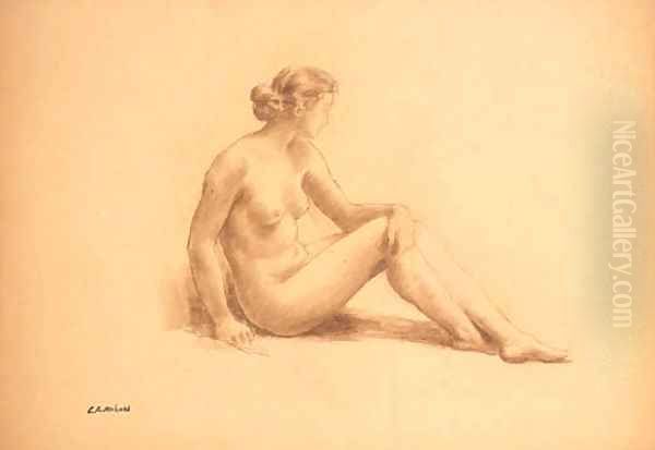 A seated female nude Oil Painting by Marie Auguste Emile Rene Menard