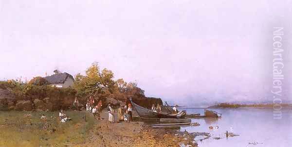 Fishermen's Ferry at the River Tisza 1872-77 Oil Painting by Geza Meszoly