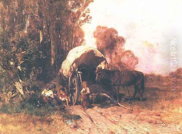 Poor Family Resting on their Travels 1881 Oil Painting by Geza Meszoly