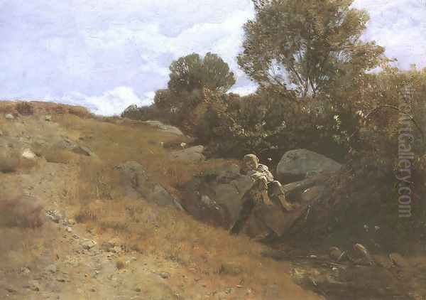 Landscape with Sleeping Boy 1870-75 Oil Painting by Geza Meszoly