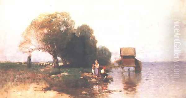 Bathing Cabin at Lake Balaton 1885 Oil Painting by Geza Meszoly