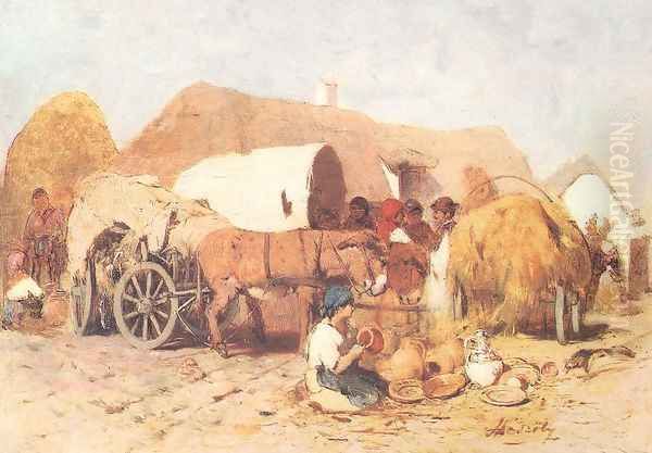 Pottery Fair c. 1875 Oil Painting by Geza Meszoly