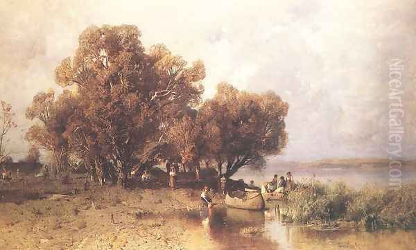 Fishermens Hut at the Lake Balaton 1877 Oil Painting by Geza Meszoly