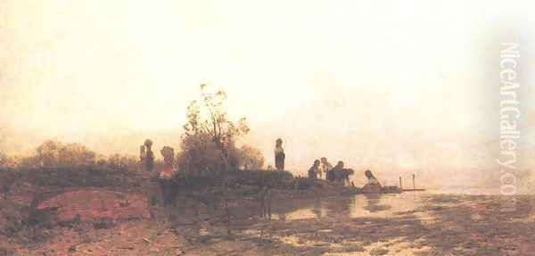 Autumn Sunshine on Lake Balaton 1875 Oil Painting by Geza Meszoly