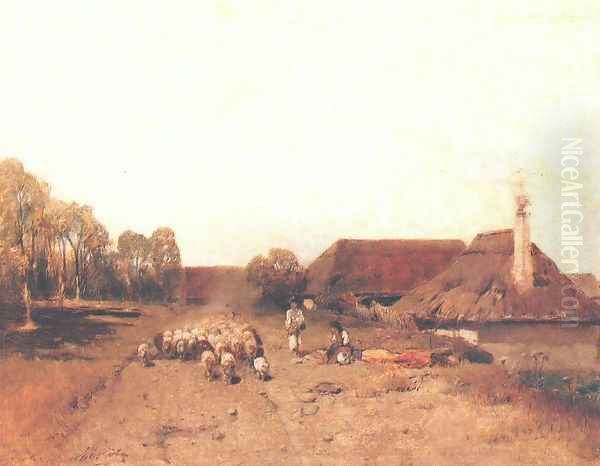 Flock of Sheep c. 1883 Oil Painting by Geza Meszoly