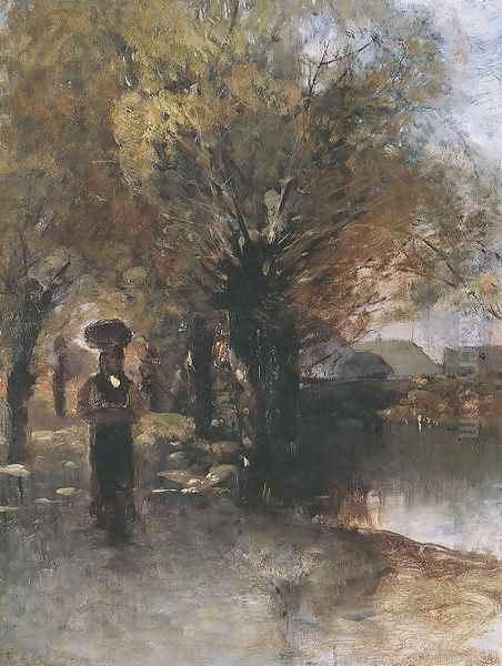 At the Brook 1883-85 Oil Painting by Geza Meszoly