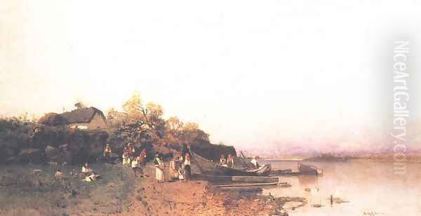 Fishing Boat on the Shore of the Tisza c. 1877 Oil Painting by Geza Meszoly