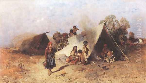 Wandering Gypsies 1873-75 Oil Painting by Geza Meszoly