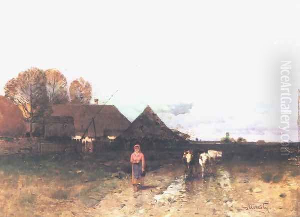 Landscape in Storm Cows Coming Home c. 1880 Oil Painting by Geza Meszoly