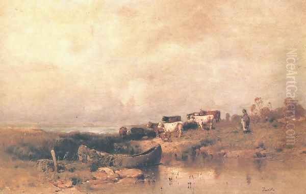 Watering the Herd c. 1880 Oil Painting by Geza Meszoly