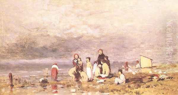 Lake Balaton with Bathing Peasant Children c. 1885 Oil Painting by Geza Meszoly