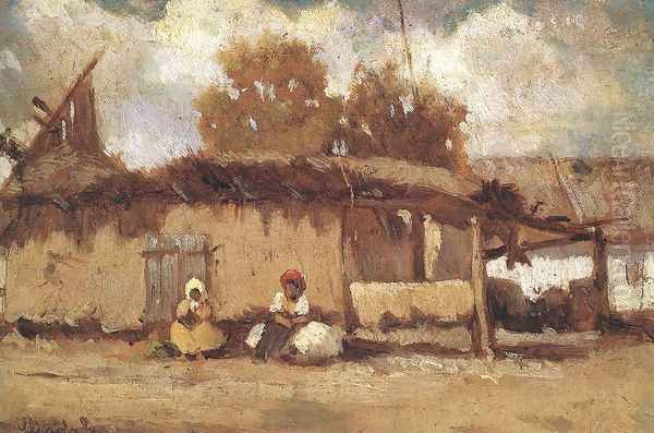 In Front of a Peasant House c. 1885 Oil Painting by Geza Meszoly