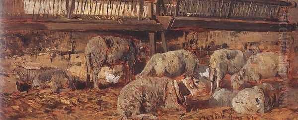 Sheep at Bozsok 1871 Oil Painting by Geza Meszoly