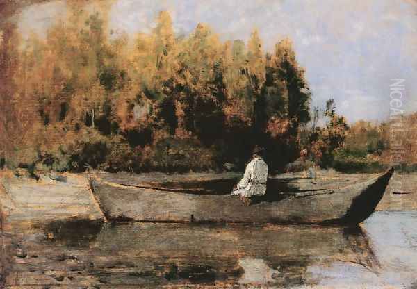 In the Boat 1870s Oil Painting by Geza Meszoly