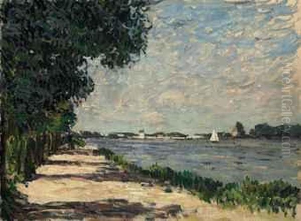 Arbres Pres De Mer Avec Bateau Oil Painting by Armand Guillaumin