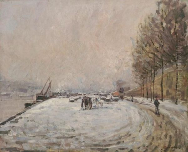 Quai Saint Bernard Sous La Neige Oil Painting by Armand Guillaumin