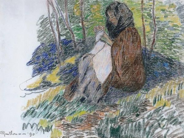 Jeune Femme Assise Cousant Oil Painting by Armand Guillaumin