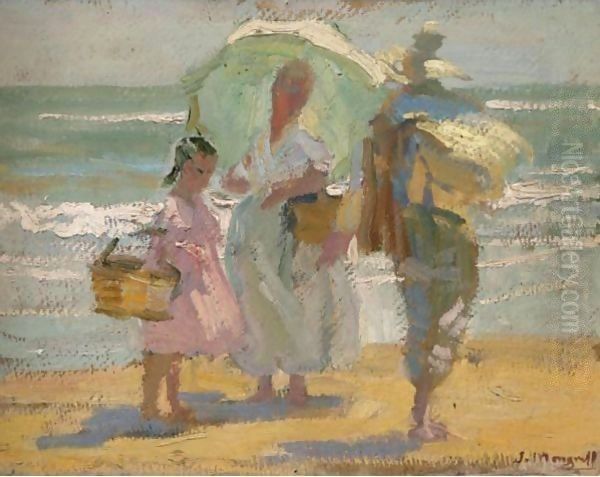 Family on the Beach (Familia en la playa) Oil Painting by Jose Mongrell