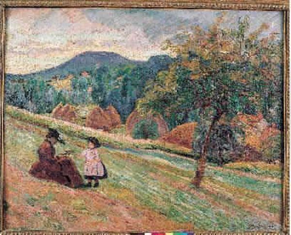 Femme Et Enfant Assis Sur Un Coteau A Bretigny, Circa 1890 Oil Painting by Armand Guillaumin