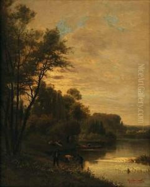 Detente Au Bord Du Lac Oil Painting by Jean Baptiste Antoine Guillemet