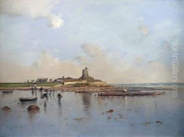 La Peche Apied Devant Le Fort De Tatihou (manche) Oil Painting by Jean Baptiste Antoine Guillemet