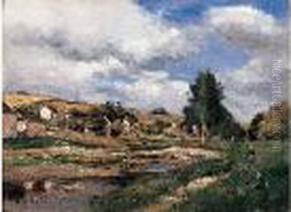 Paysage Avec Une Femme Marchant Au Bord De La Riviere Et Un Village En Arriere Plan Oil Painting by Jean Baptiste Antoine Guillemet