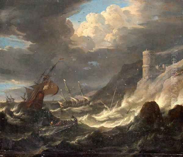 Shipping off a Rocky Coast in Storm Oil Painting by Pieter the Younger Mulier