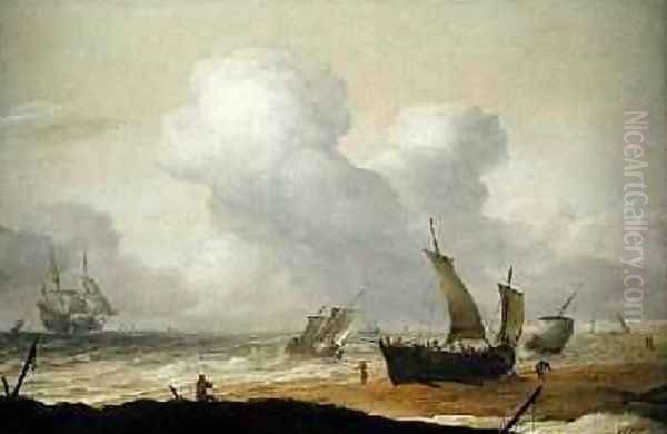 Coastal scene with fishing pinks inshore and a Man OWar offshore Oil Painting by Pieter the Younger Mulier