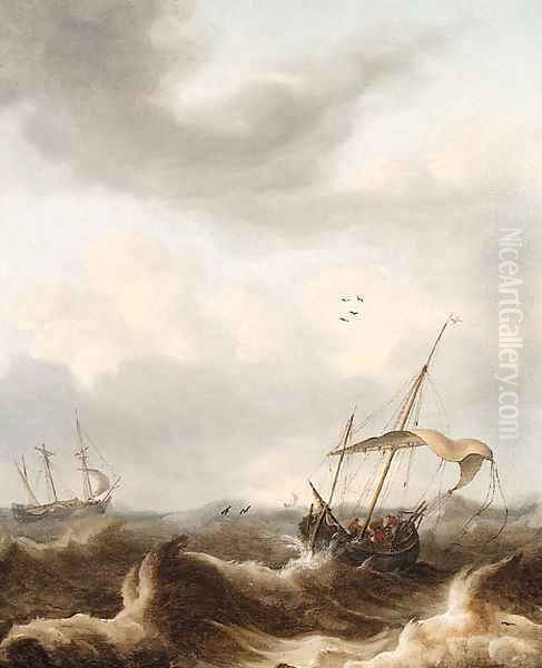 A kaag and a fluyt in a storm Oil Painting by Pieter the Younger Mulier