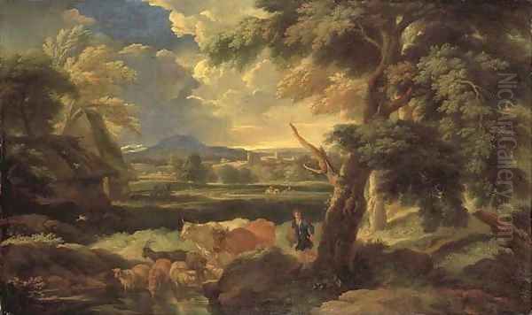 An Italianate landscape with a herdsman watering his livestock Oil Painting by Pieter the Younger Mulier