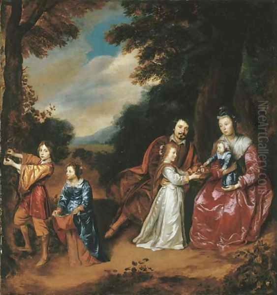 A group portrait of a family in a landscape Oil Painting by Jan Mijtens