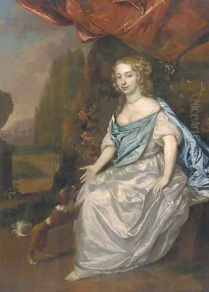 Portrait of a lady, full-length, in a white satin dress and blue wrap, seated in a garden with a spaniel nearby Oil Painting by Jan Mijtens