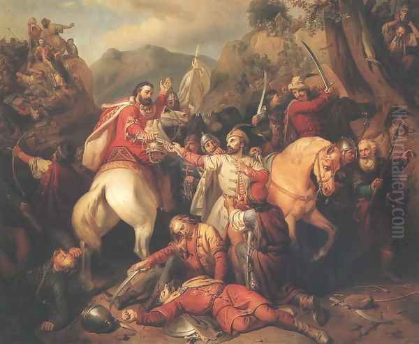 Dezso Sacrifices himself for Charles Robert 1855 Oil Painting by Jozsef Molnar