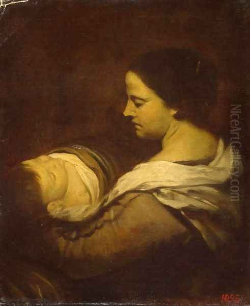 Woman with a Sleeping Child Oil Painting by Juan Bautista Martinez del Mazo