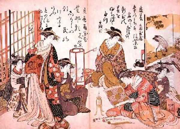 Komurasaki and Hanamurasaki of the Kado Tamaya House Oil Painting by Kitao Masanobu